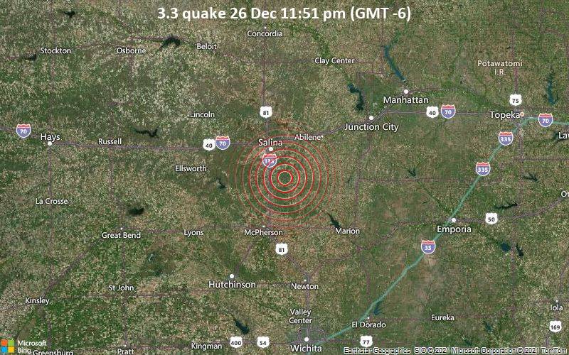 Small earthquake of magnitude 3.3 just reported 13 miles southeast of Salina, Kansas, United States