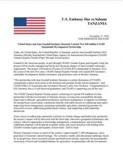 United States and Jane Goodall Institute-Tanzania Launch New $30 million USAID Sustainable Development Partnership